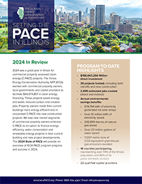 Brochure cover for "Setting the Pace in Illinois" with a cityscape background, program highlights listed on the right, and an organization logo at the top left.