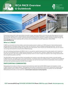 Informative flyer titled "IECA PACE Overview & Guidebook," featuring images of solar panels, a modern building, and a factory interior, along with text sections explaining PACE details and benefits.
