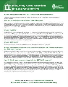 FAQ document for local governments detailing the C-PACE financing program from the Illinois Finance Authority, featuring headers, bullet points, and contact information.