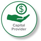 Logo with a green hand holding a dollar symbol inside a circle, labeled "Capital Provider."