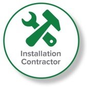 Circular green logo featuring a white hammer and wrench crossed, with the text "Installation Contractor" at the bottom.