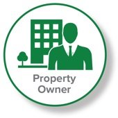 Green circular logo featuring an icon of a man in a suit, a building, and a small tree with the text "Property Owner."